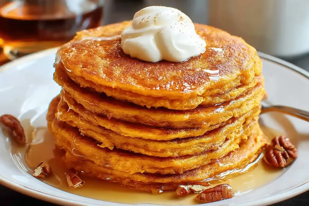 A tall stack of fluffy Pumpkin Pancakes on a white plate, topped with whipped cream, syrup, and pecans.