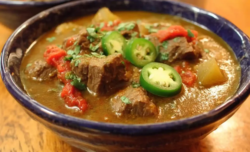 A close-up of a hearty bowl of Green Chile Beef Stew, garnished with fresh cilantro and sliced jalapeños.