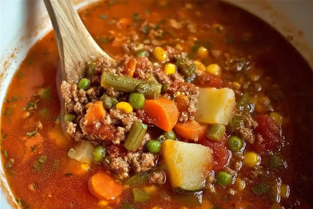 Close-up of a wooden spoon lifting hearty hamburger soup with ground beef, potatoes, and mixed vegetables from a bowl.