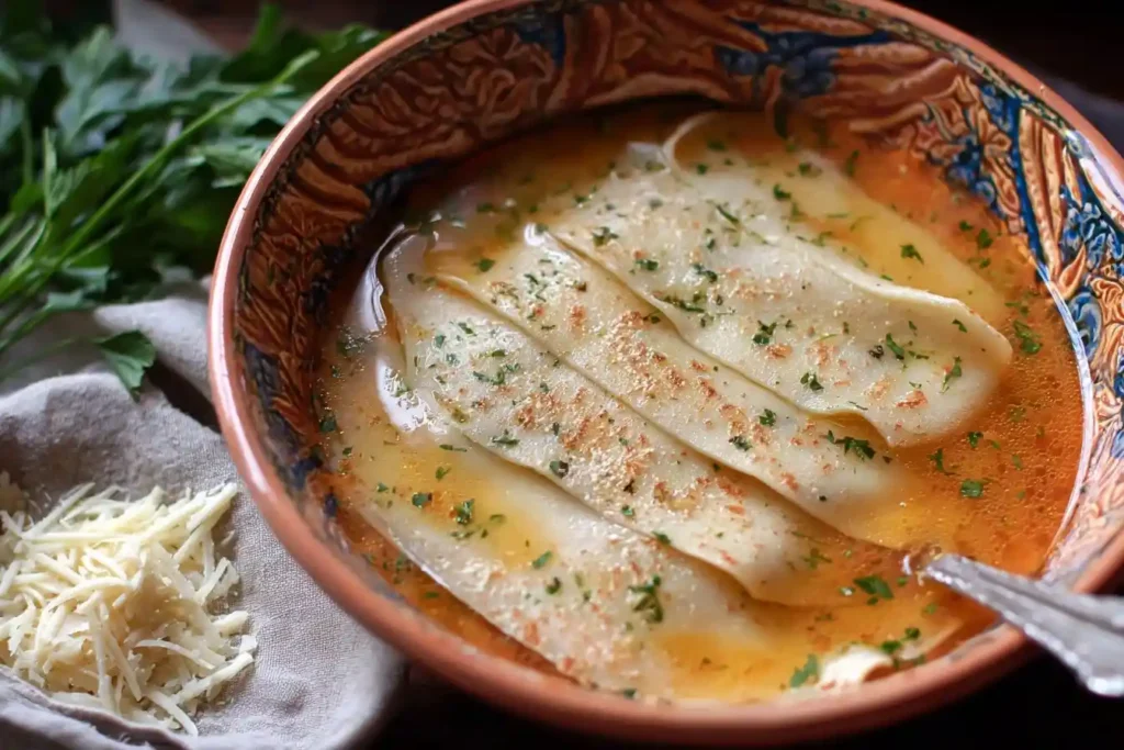 Close-up of a bowl of Lasagna Soup with wide noodles, broth, and fresh parsley garnish.