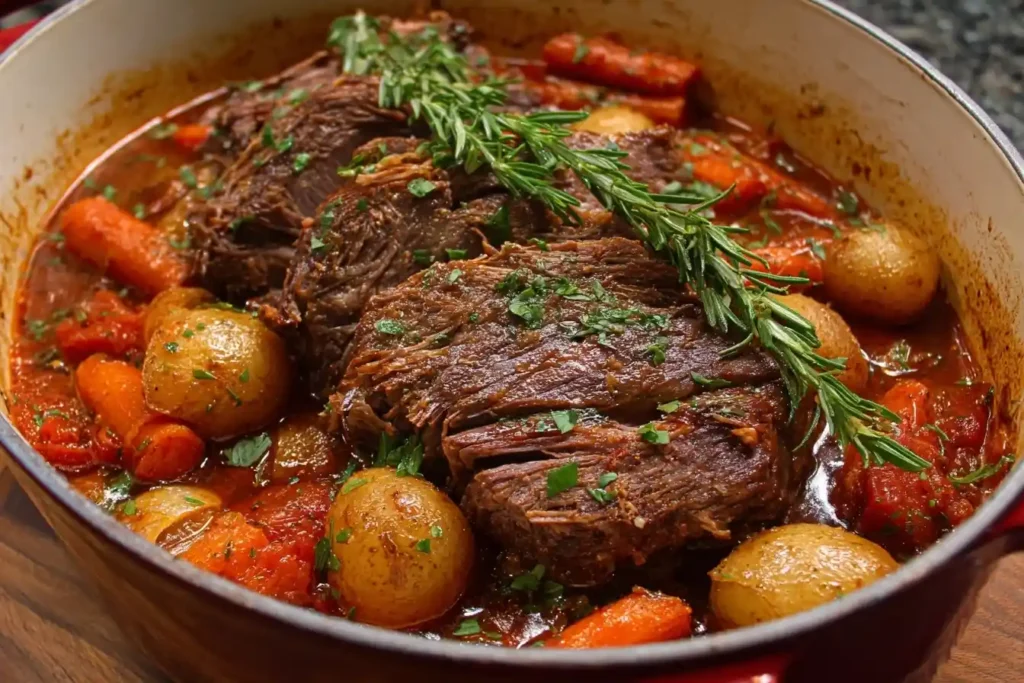 Tender pot roast cooked in a dutch oven with carrots, baby potatoes, and fresh rosemary sprigs.