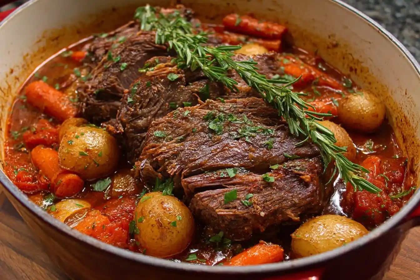 Tender pot roast cooked in a dutch oven with carrots, baby potatoes, and fresh rosemary sprigs.