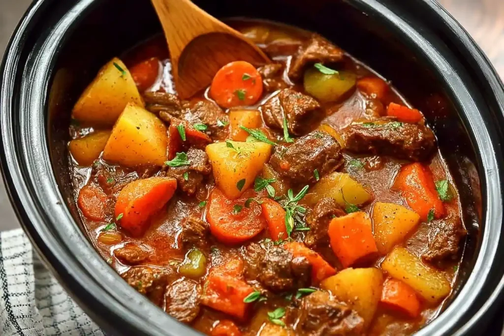 A close-up of a hearty beef stew with potatoes, carrots, and fresh herbs in a black slow cooker with a wooden spoon.