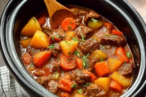 A close-up of a hearty beef stew with potatoes, carrots, and fresh herbs in a black slow cooker with a wooden spoon.