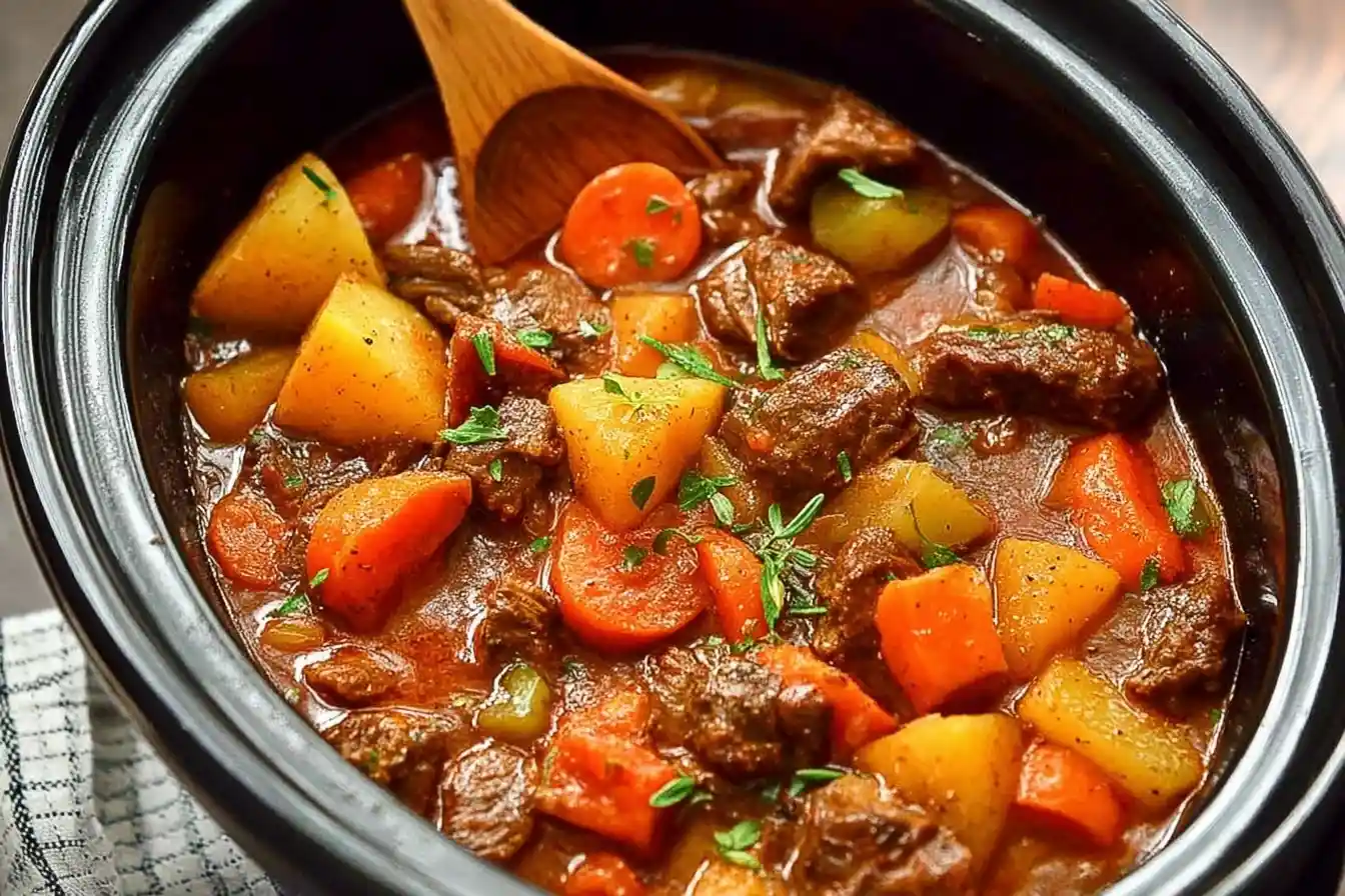 A close-up of a hearty beef stew with potatoes, carrots, and fresh herbs in a black slow cooker with a wooden spoon.