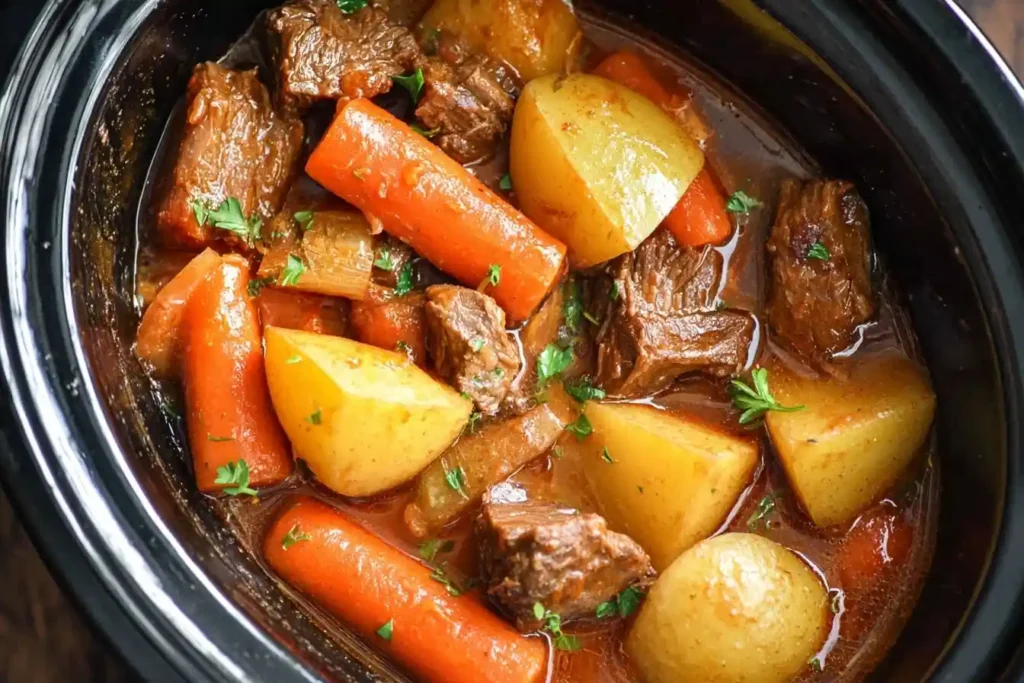 Close-up overhead view of hearty slow cooker beef stew with carrots, potatoes, and fresh parsley.