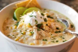A close-up view of a bowl of creamy White Chicken Chili topped with sour cream, cheese, cilantro, and lime wedges.