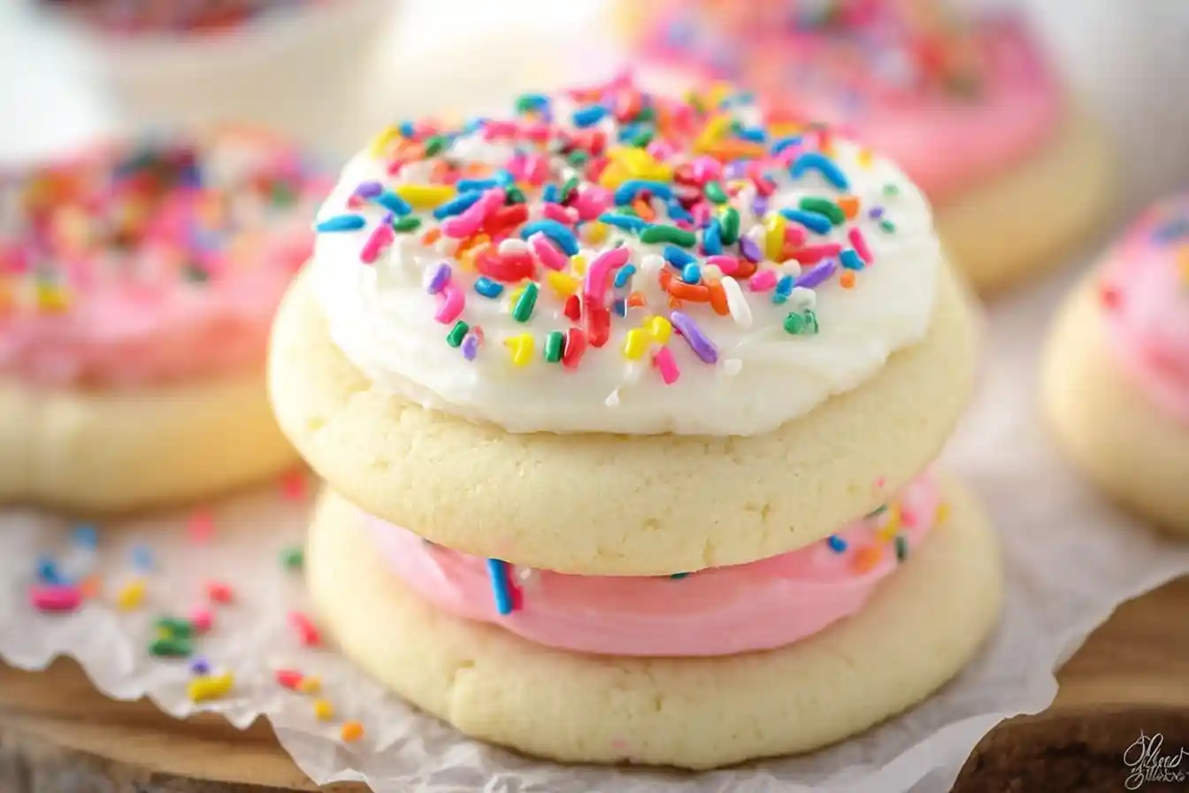Stack of soft Lofthouse cookies with white and pink frosting and rainbow sprinkles on parchment paper.