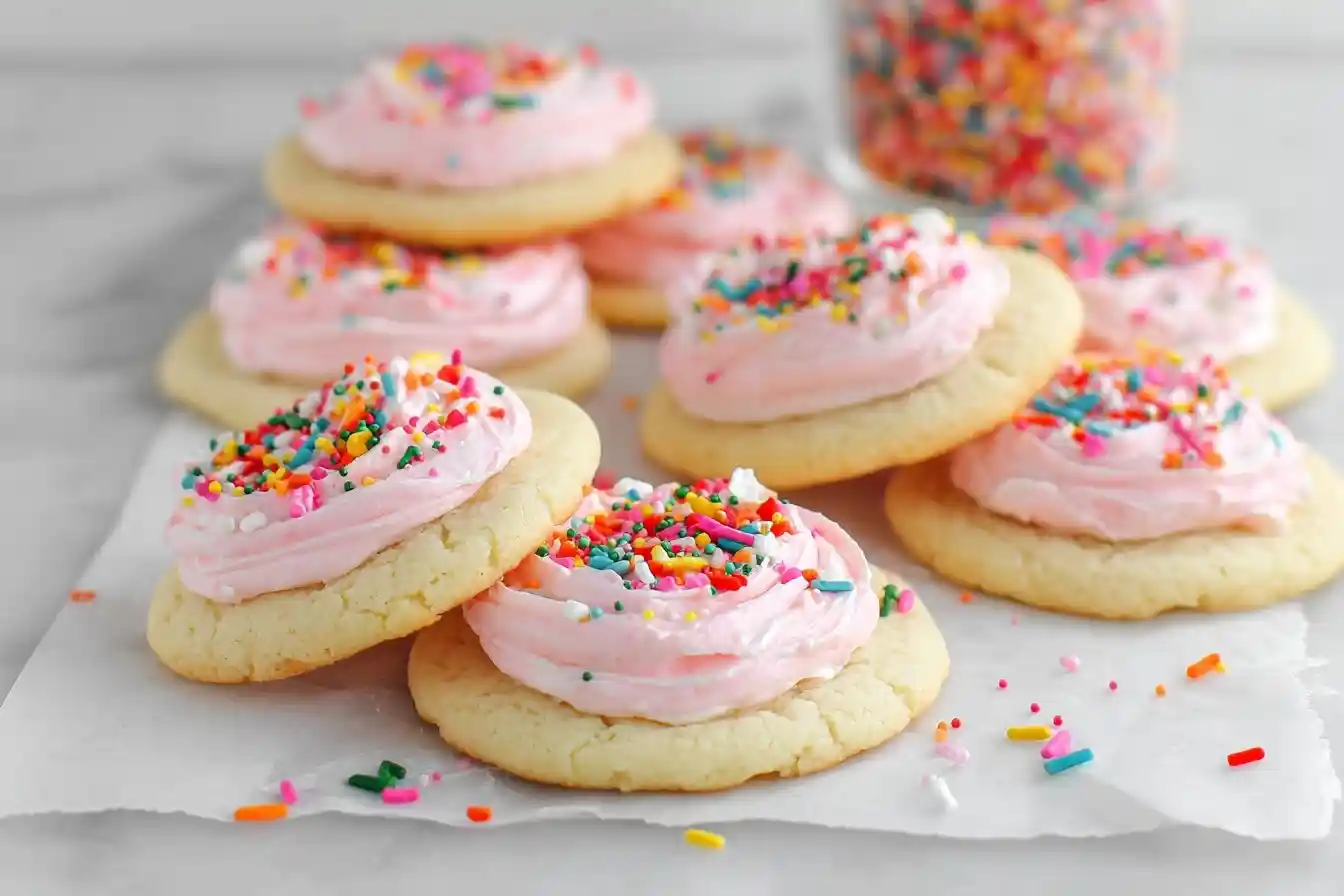 Pile of soft frosted sugar cookies topped with pink buttercream and rainbow sprinkles on parchment paper.
