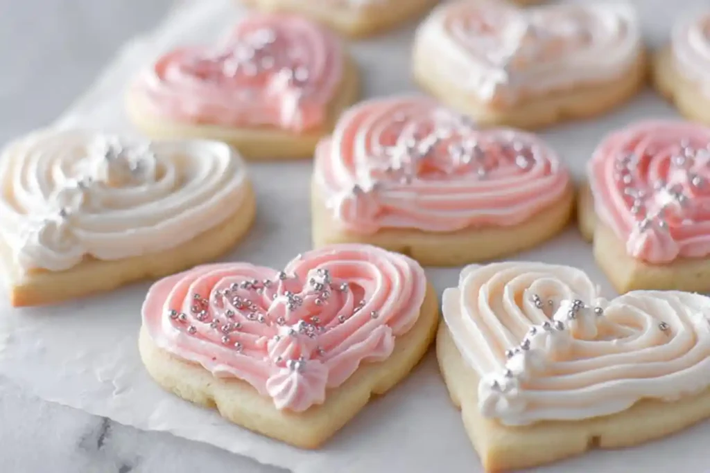 Close-up of pink and white frosted heart shaped sugar cookies decorated with silver sprinkles on parchment paper.