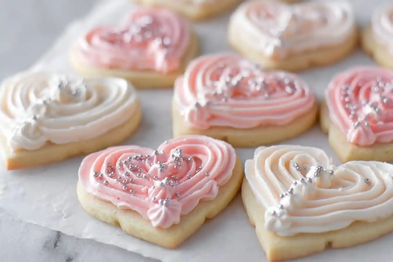 Close-up of pink and white frosted heart shaped sugar cookies decorated with silver sprinkles on parchment paper.