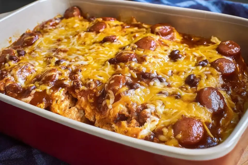 Baked chili dog casserole in a red baking dish topped with melted cheese and sliced hot dogs