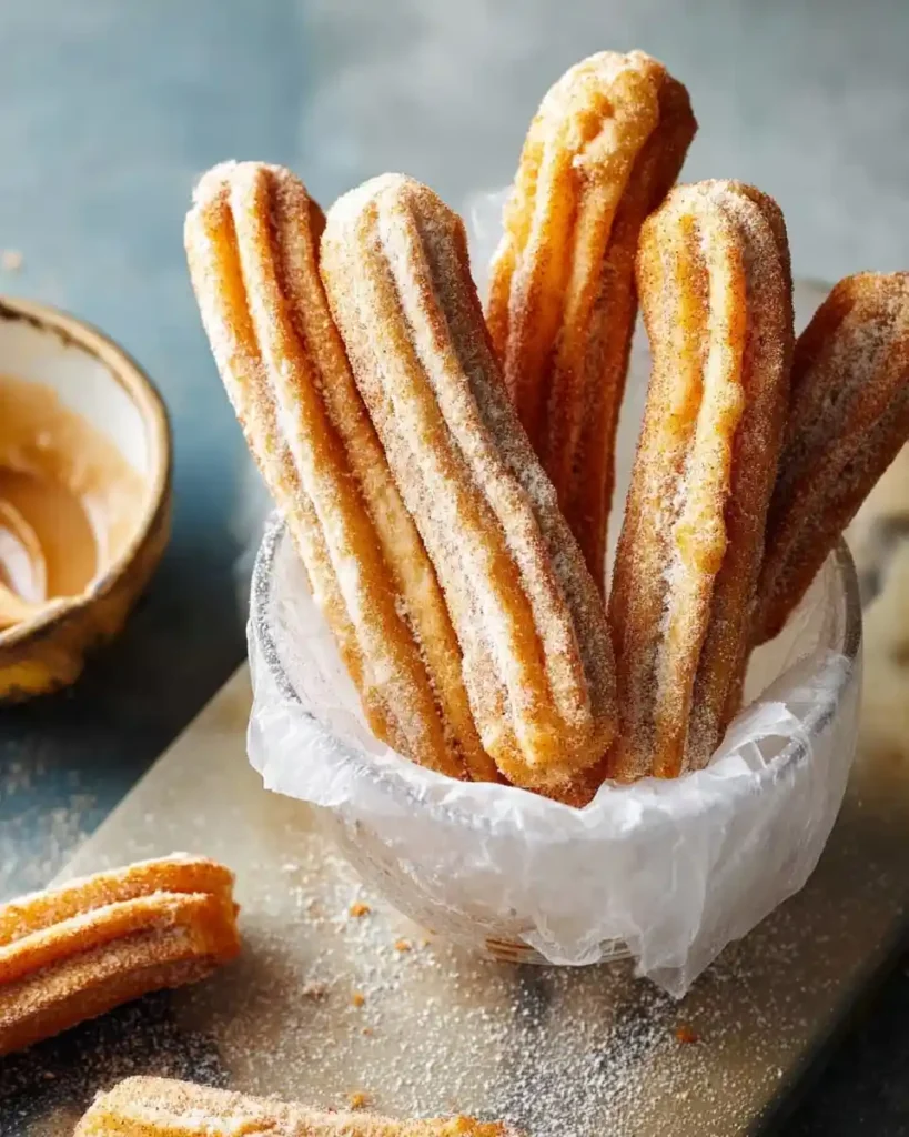 Golden {{ $('Fetch Recipe Data').first().json["Main Keyword"] }} in a glass with cinnamon sugar and caramel dip.