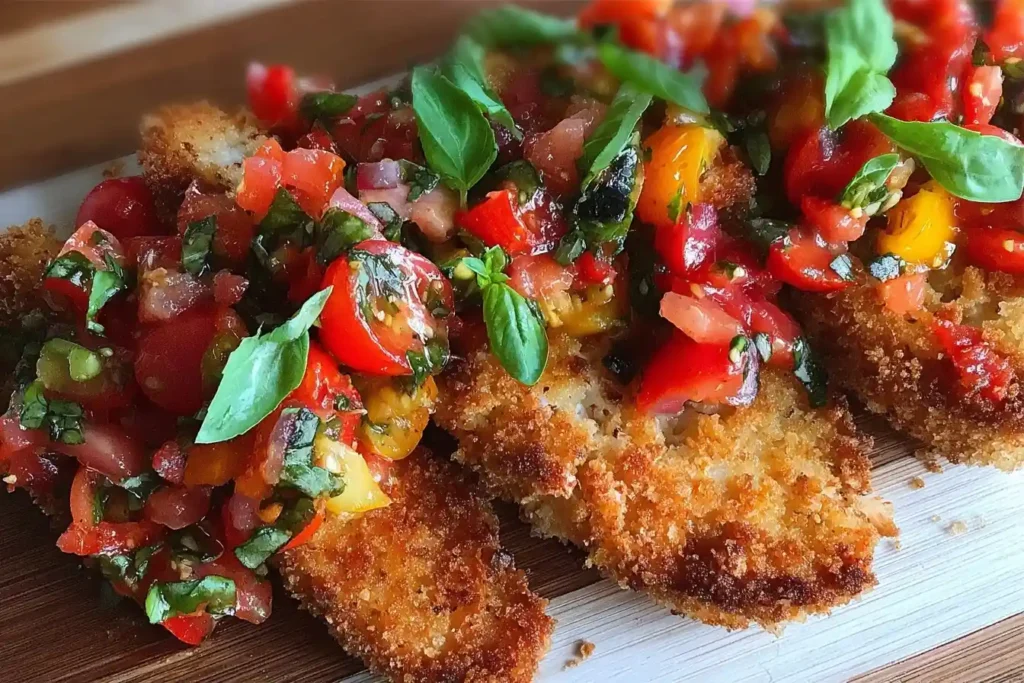 Golden fried {{ $('Fetch Recipe Data').first().json['Main Keyword'] }} topped with vibrant diced tomatoes and fresh basil.