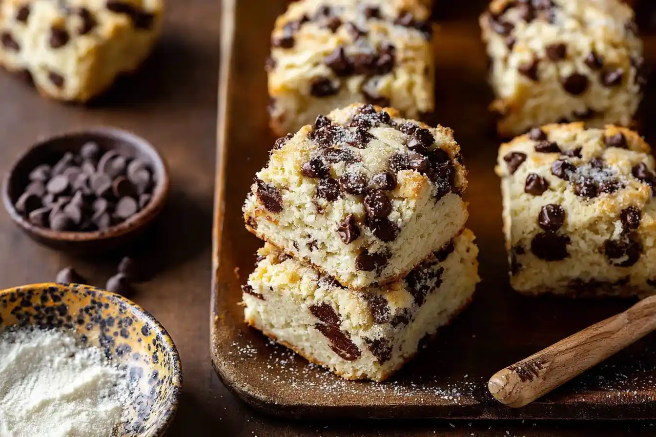 A stack of freshly baked {{ $('Fetch Recipe Data').first().json["Main Keyword"] }} on a wooden tray with chocolate chips.