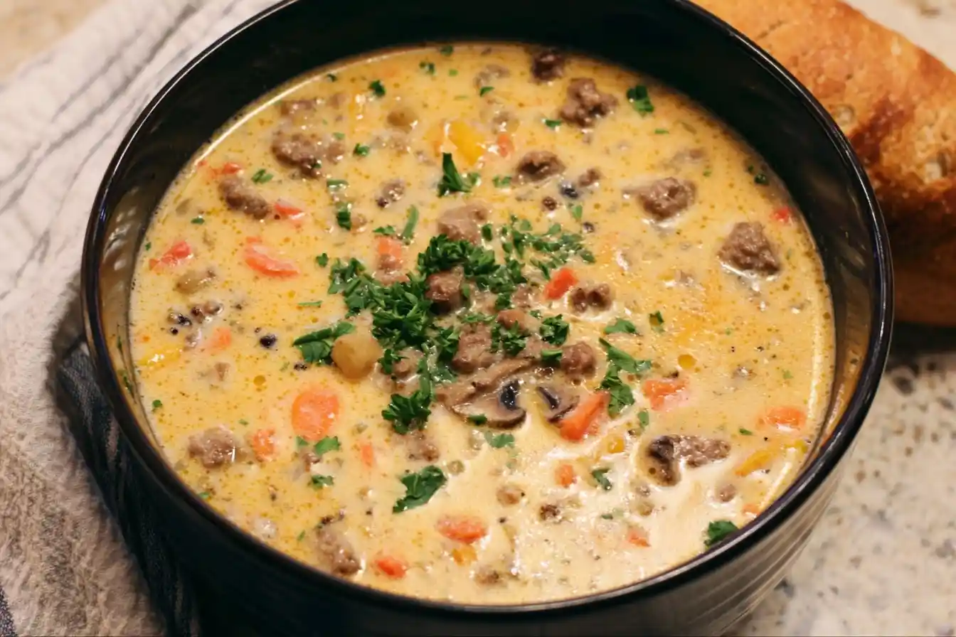 A black bowl filled with rich and creamy ground beef soup, garnished with fresh parsley.