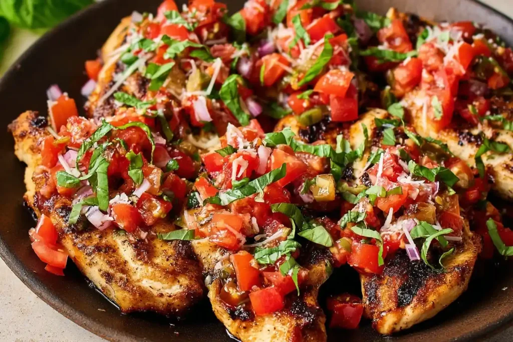 Juicy {{ $('Fetch Recipe Data').first().json["Main Keyword"] }} topped with fresh diced tomatoes, red onion, and basil.