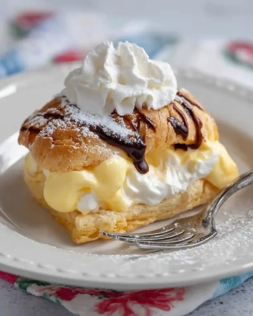 Close-up of a {{ $('Fetch Recipe Data').first().json["Main Keyword"] }} filled with custard and cream, topped with chocolate drizzle.