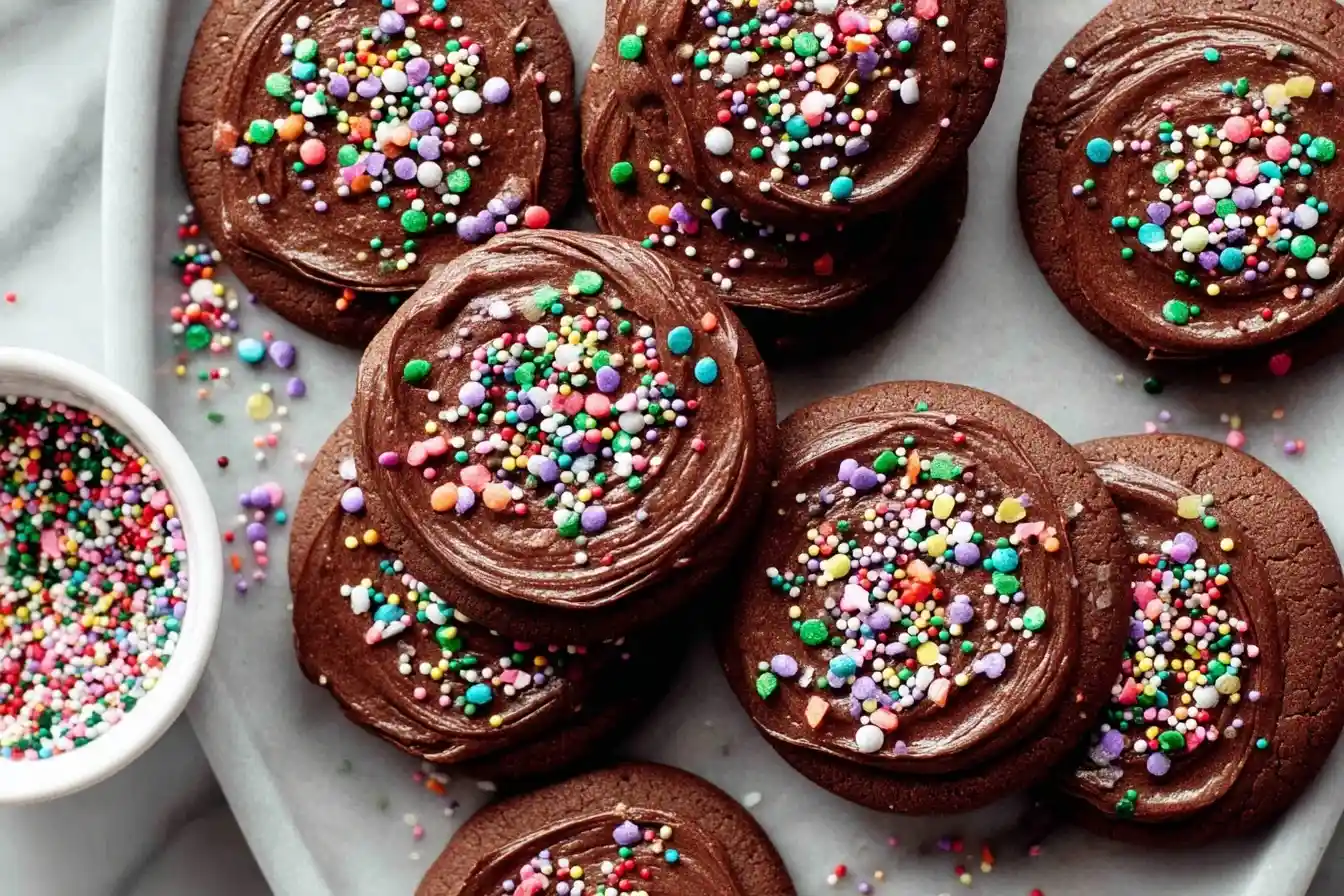 Overhead view of rich chocolate frosted cookies topped with rainbow sprinkles on a gray surface next to a small bowl.