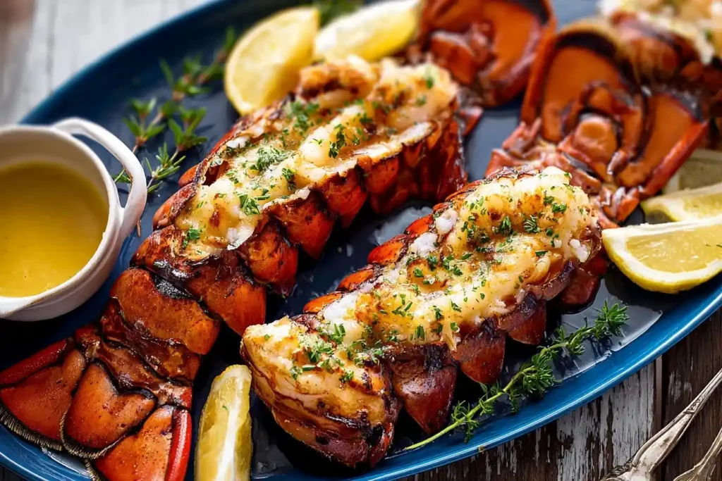 Two perfectly broiled lobster tails garnished with herbs on a blue platter with lemon wedges and drawn butter.