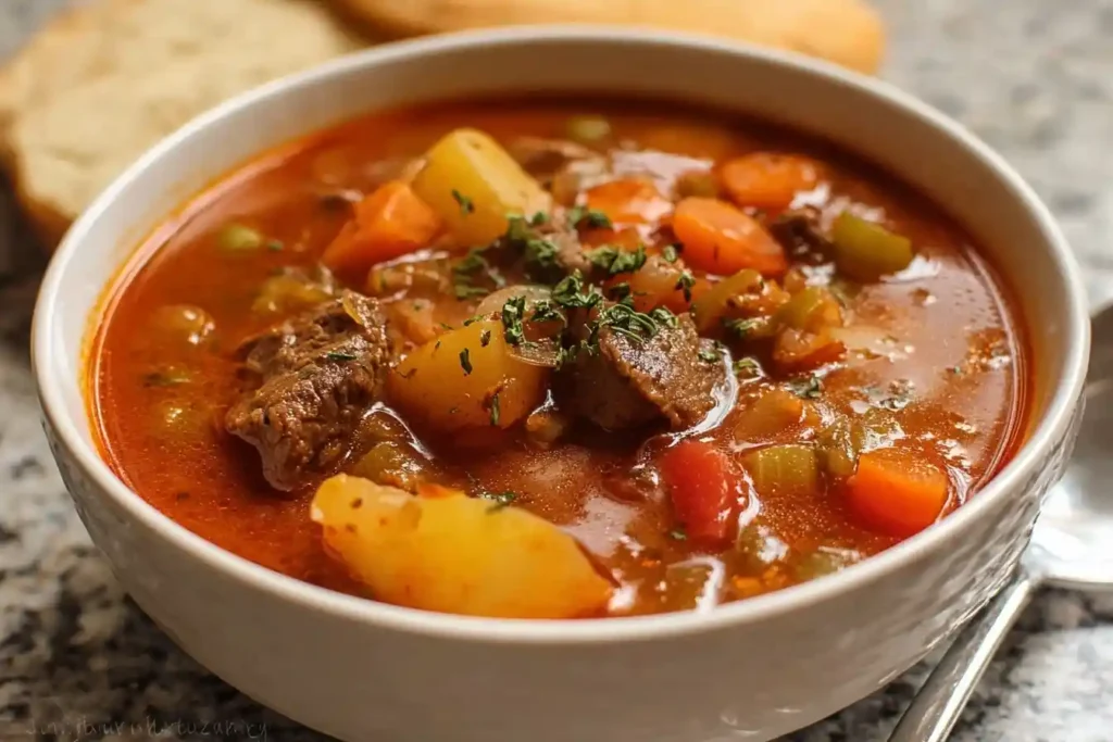 A comforting bowl of {{ $('Fetch Recipe Data').first().json["Main Keyword"] }} with meat and vegetables.