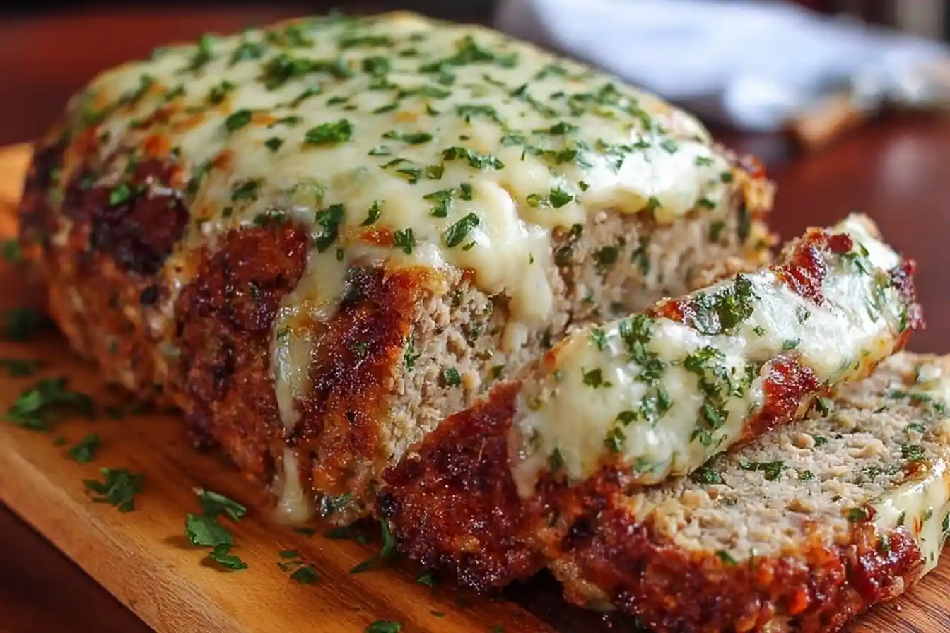 A sliced {{ $('Fetch Recipe Data').first().json["Main Keyword"] }} topped with melted cheese and parsley on a wooden board.