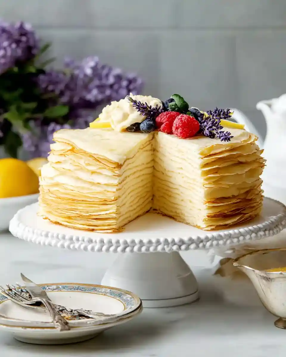 Sliced lemon lavender crepe cake on a white cake stand, garnished with berries, lemon slices, and fresh lavender sprigs.