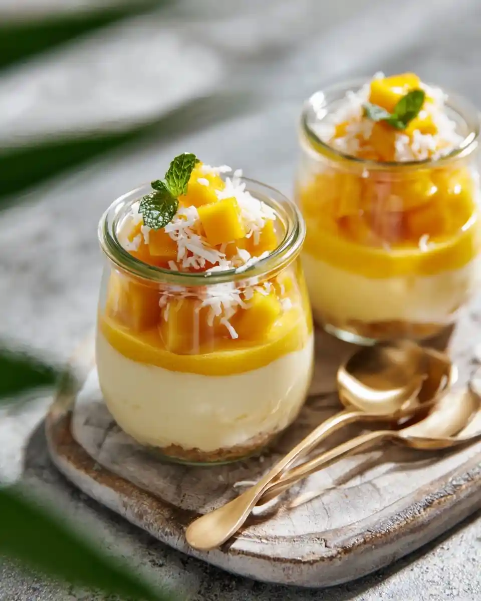 Layered {{ $('Fetch Recipe Data').first().json["Main Keyword"] }} in glass jars topped with fresh mango and coconut.