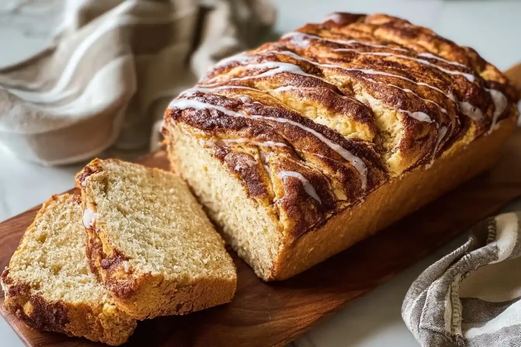 A freshly baked loaf of {{ $('Fetch Recipe Data').first().json["Main Keyword"] }} with icing drizzle on a wooden board.