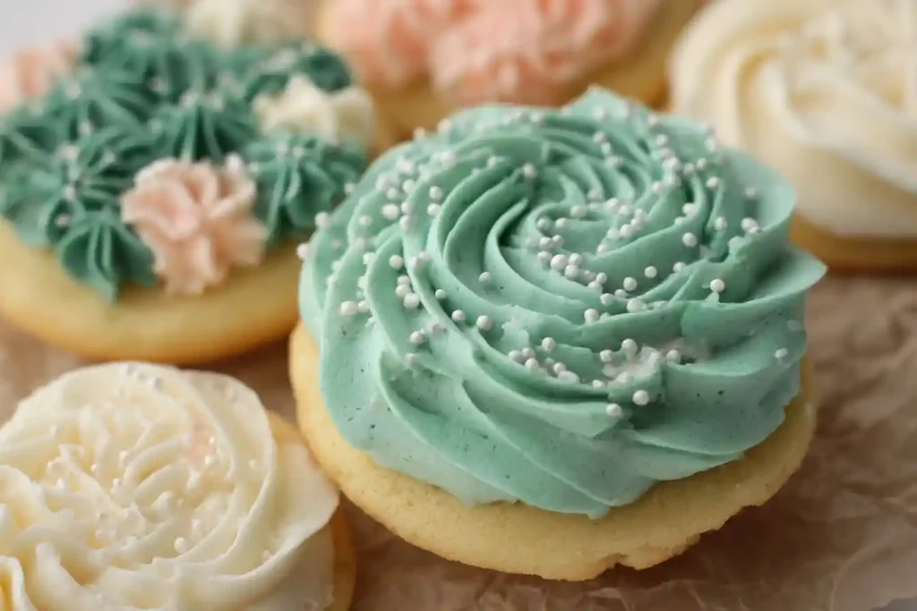 Close-up of elegant frosted sugar cookies topped with swirled teal buttercream and delicate white sprinkles.