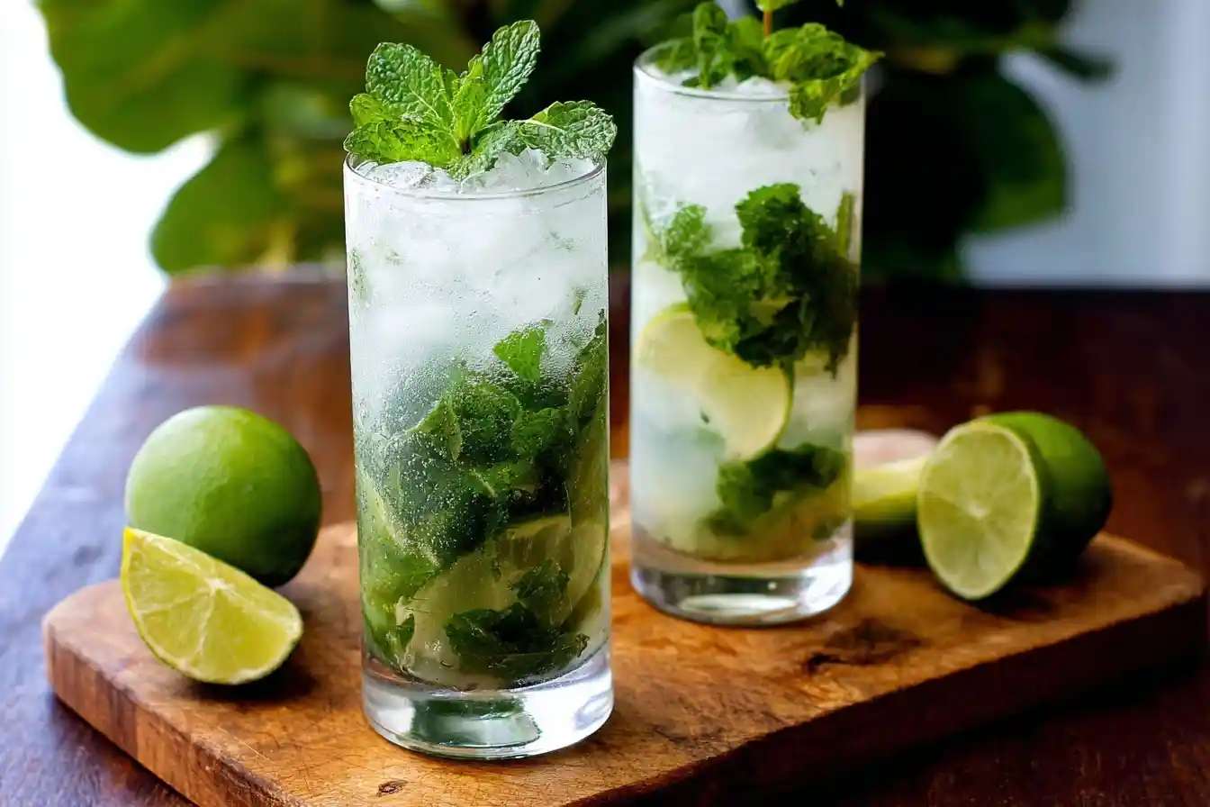 Two glasses of {{ $('Fetch Recipe Data').first().json["Main Keyword"] }} with fresh mint and lime on a wooden board.