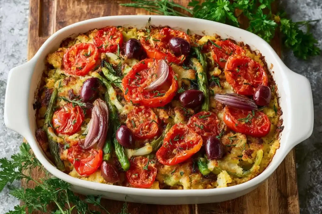 A white baking dish filled with a colorful vegetarian casserole topped with roasted tomatoes, olives, and onions.