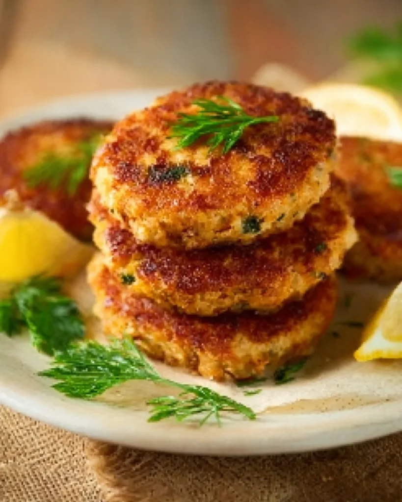 15-minute crispy fried tuna patties served on a plate