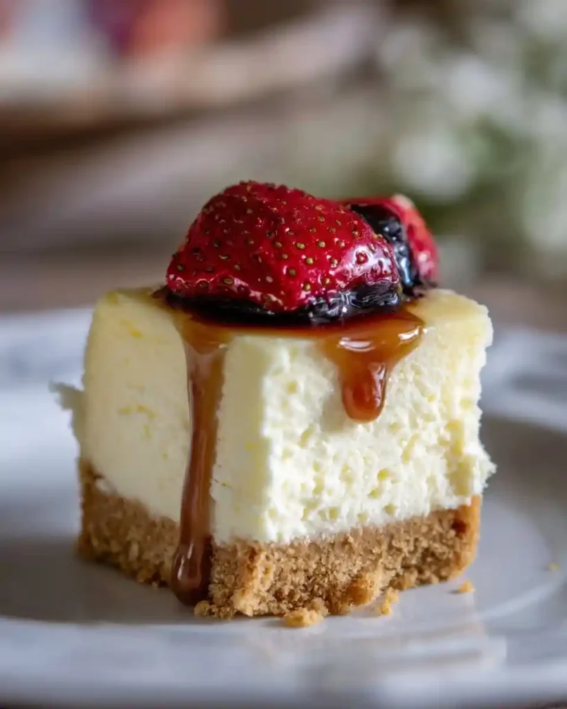 A creamy cheesecake square topped with fresh berries and a sweet caramel drizzle on a white plate.