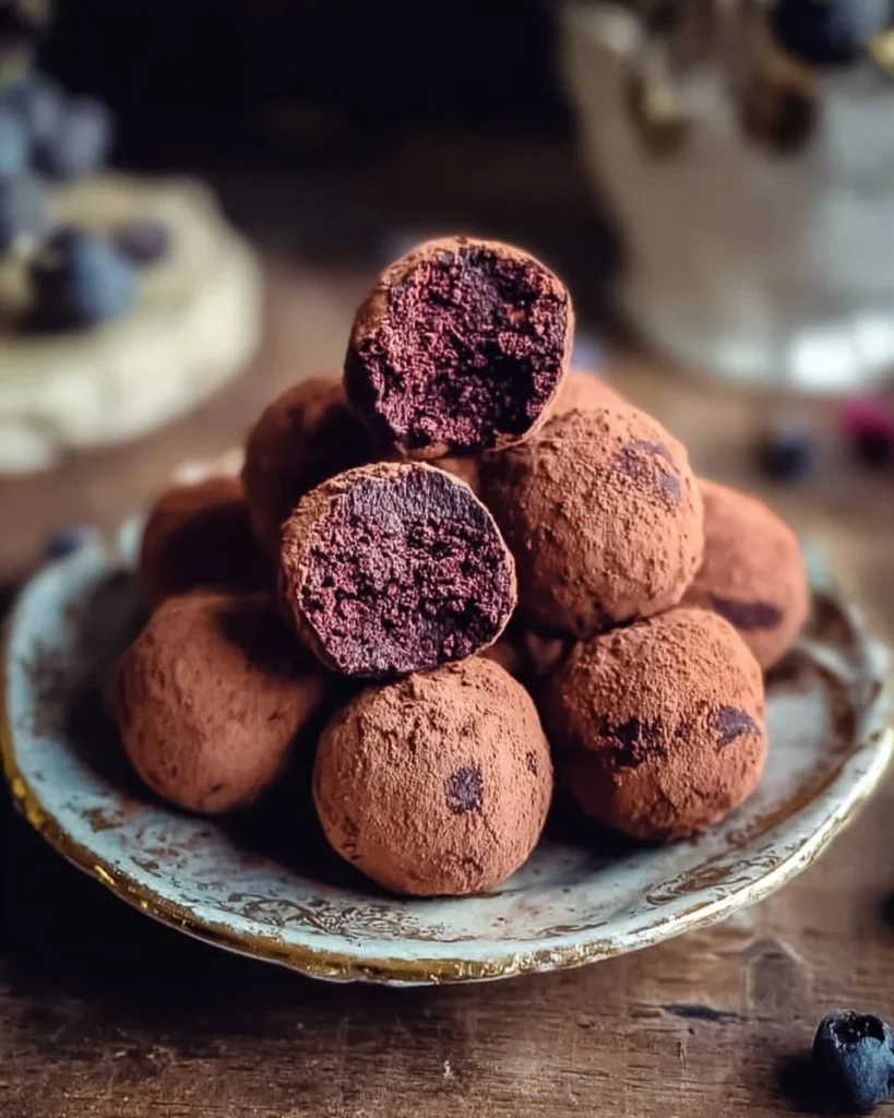 Delicious amaretto chocolate truffles on a rustic wooden background