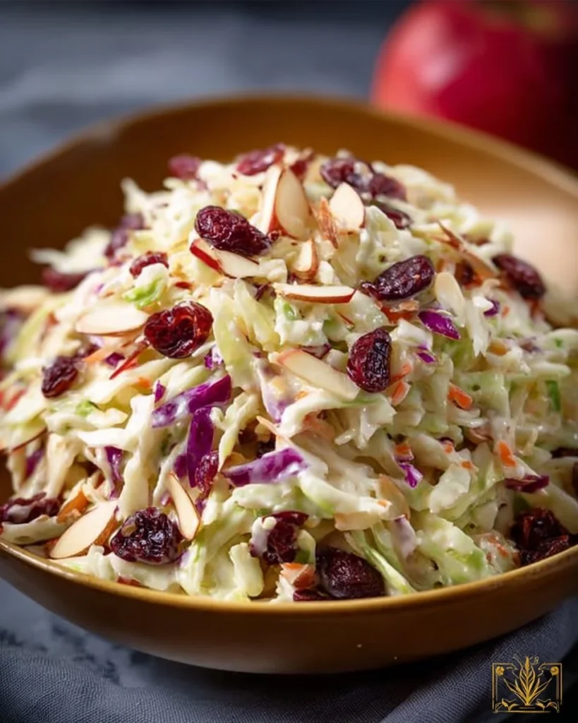 Bowl of Apple Coleslaw with cranberries and almonds on a wooden table