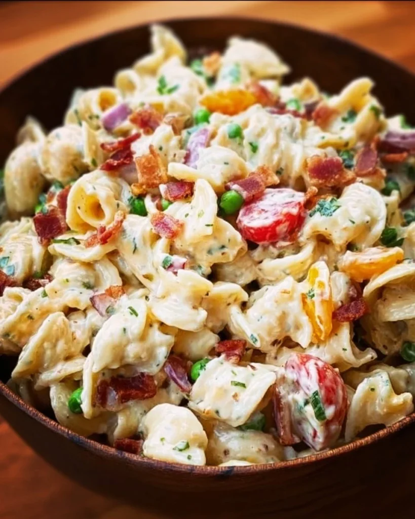 Bacon Ranch Pasta Salad with crispy bacon, ranch dressing, and colorful vegetables.