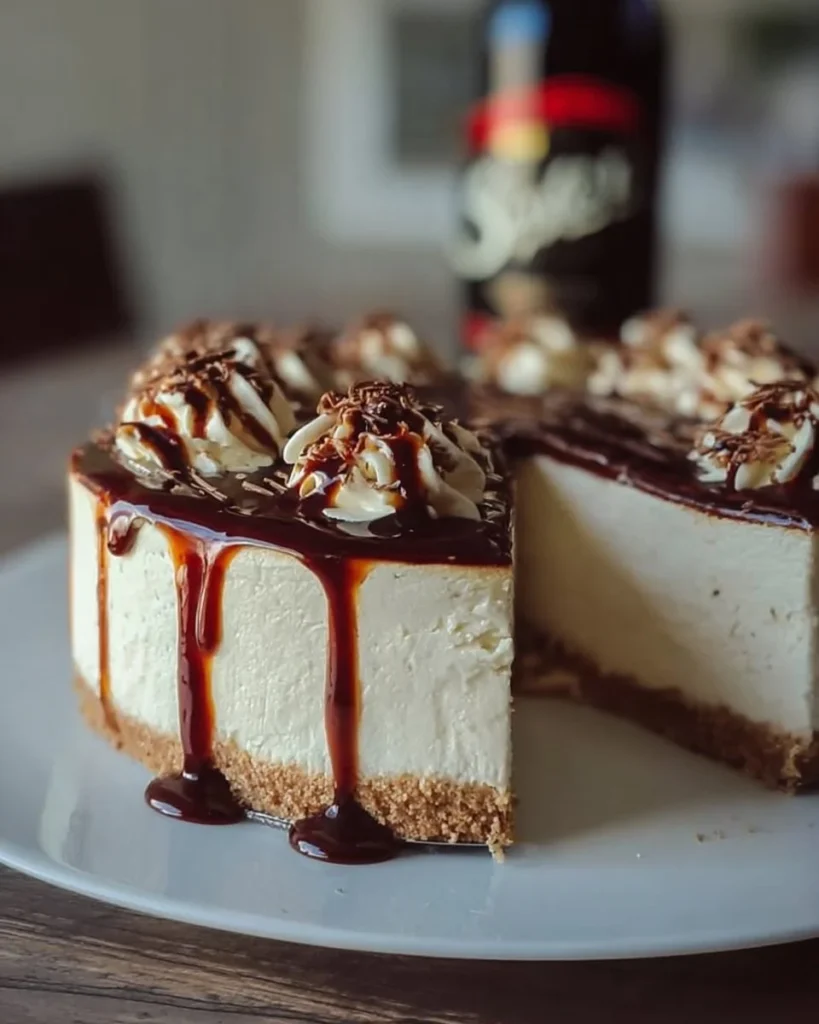 Delicious Baileys No-Bake Cheesecake topped with chocolate shavings
