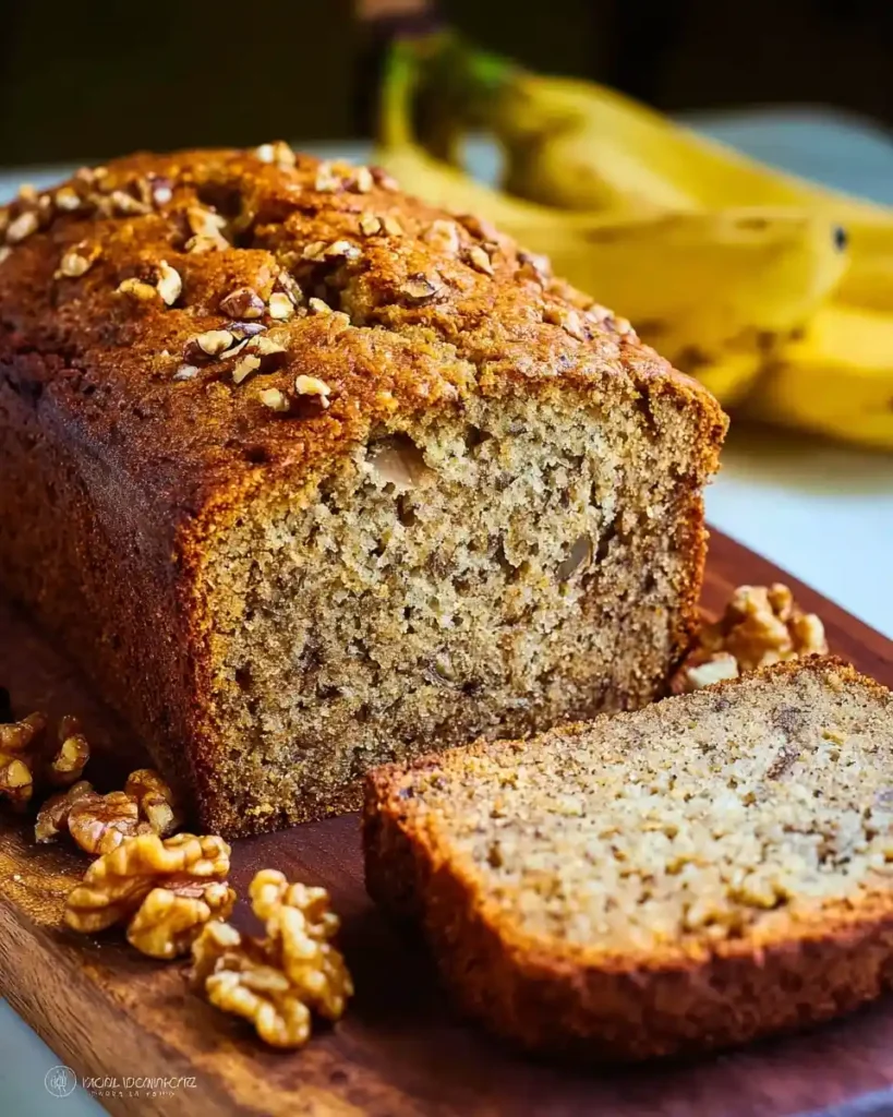 A freshly baked loaf of {{ $('Fetch Recipe Data').first().json["Main Keyword"] }} topped with walnuts, sitting on a wooden cutting board.
