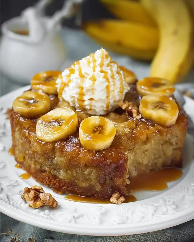 A slice of banana upside down cake topped with whipped cream, caramel sauce, and sliced bananas on a white plate.
