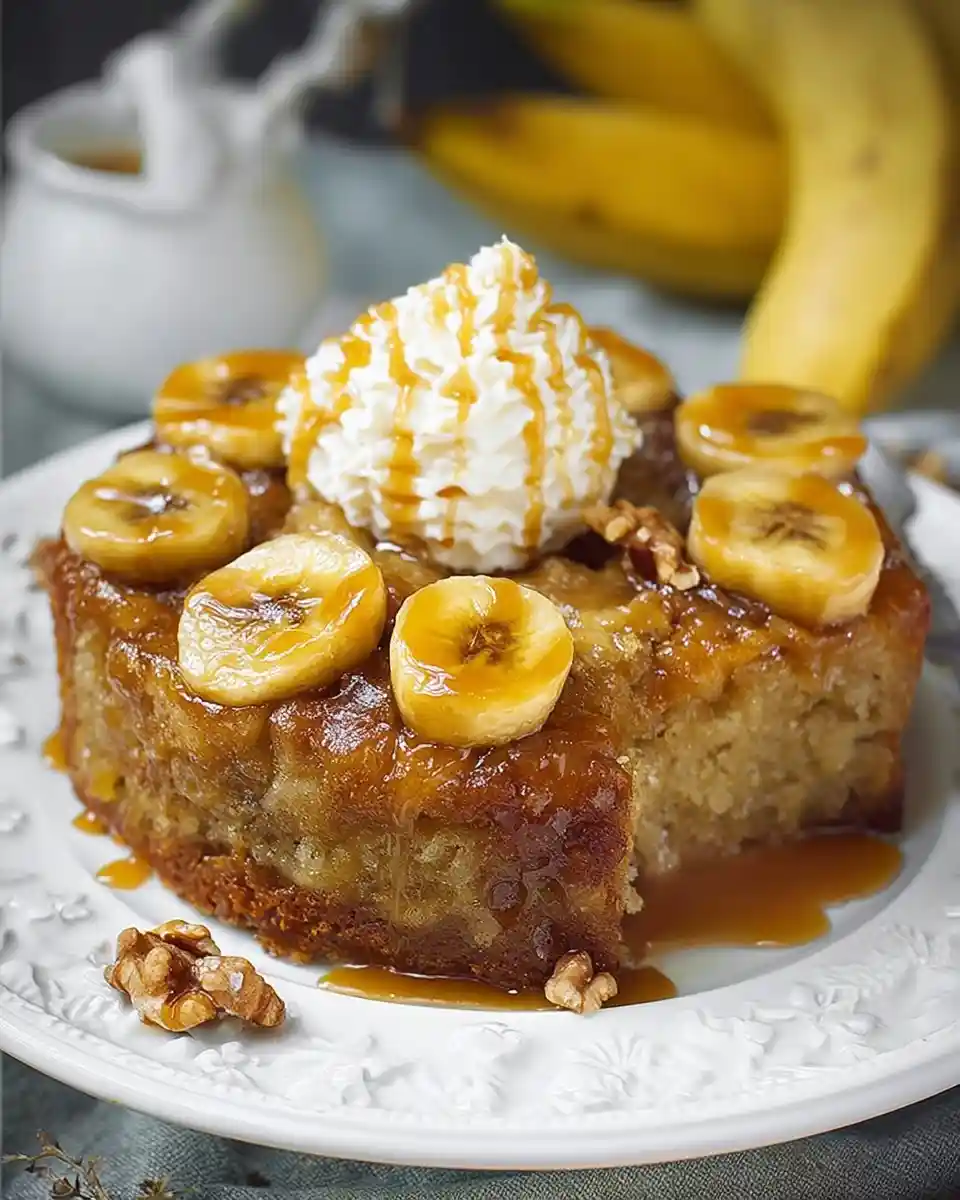 A slice of banana upside down cake topped with whipped cream, caramel sauce, and sliced bananas on a white plate.
