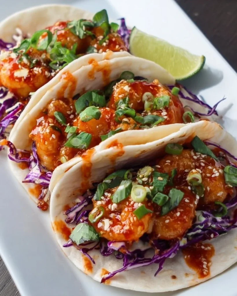 Delicious Bang Bang Shrimp Tacos topped with fresh ingredients and spicy sauce.