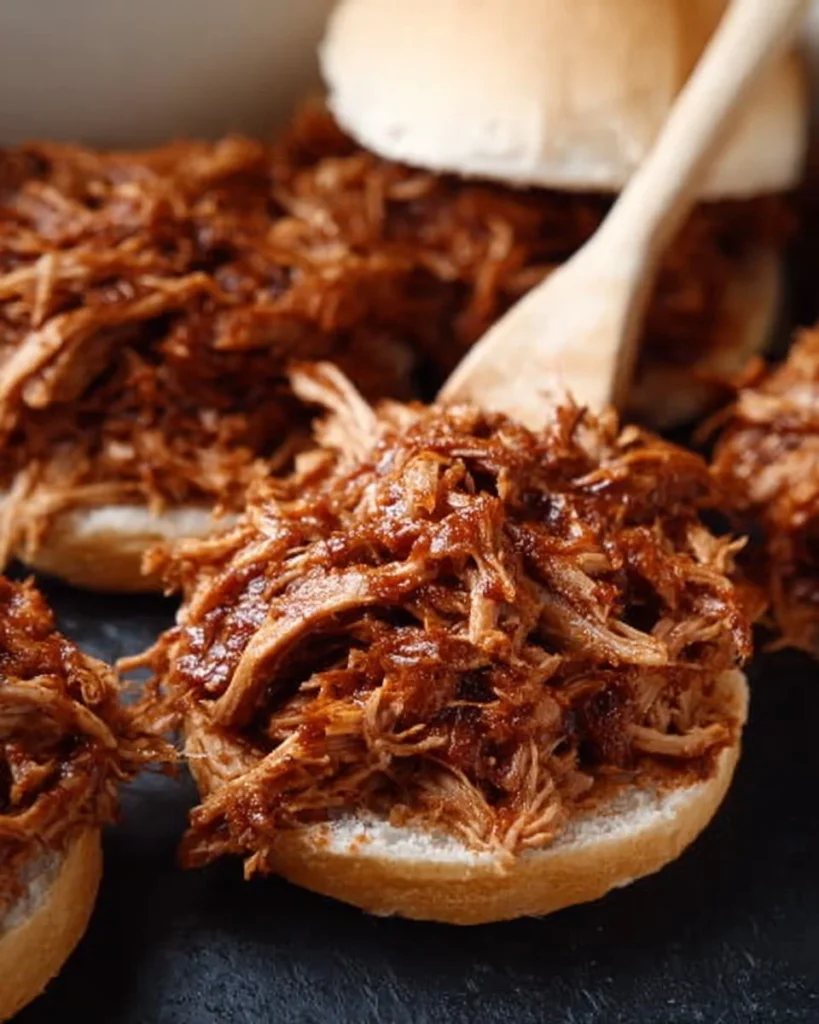 BBQ pulled pork sandwiches served with coleslaw and pickles on a wooden table