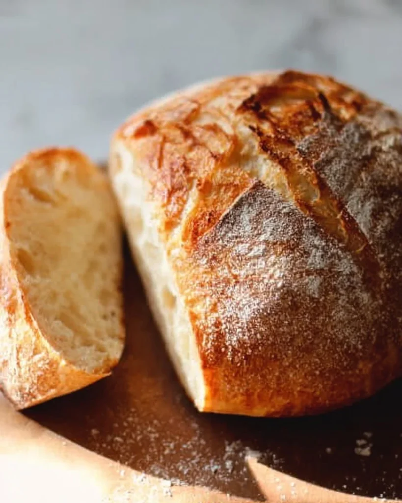 Loaf of freshly baked beginner's sourdough bread on a wooden table.