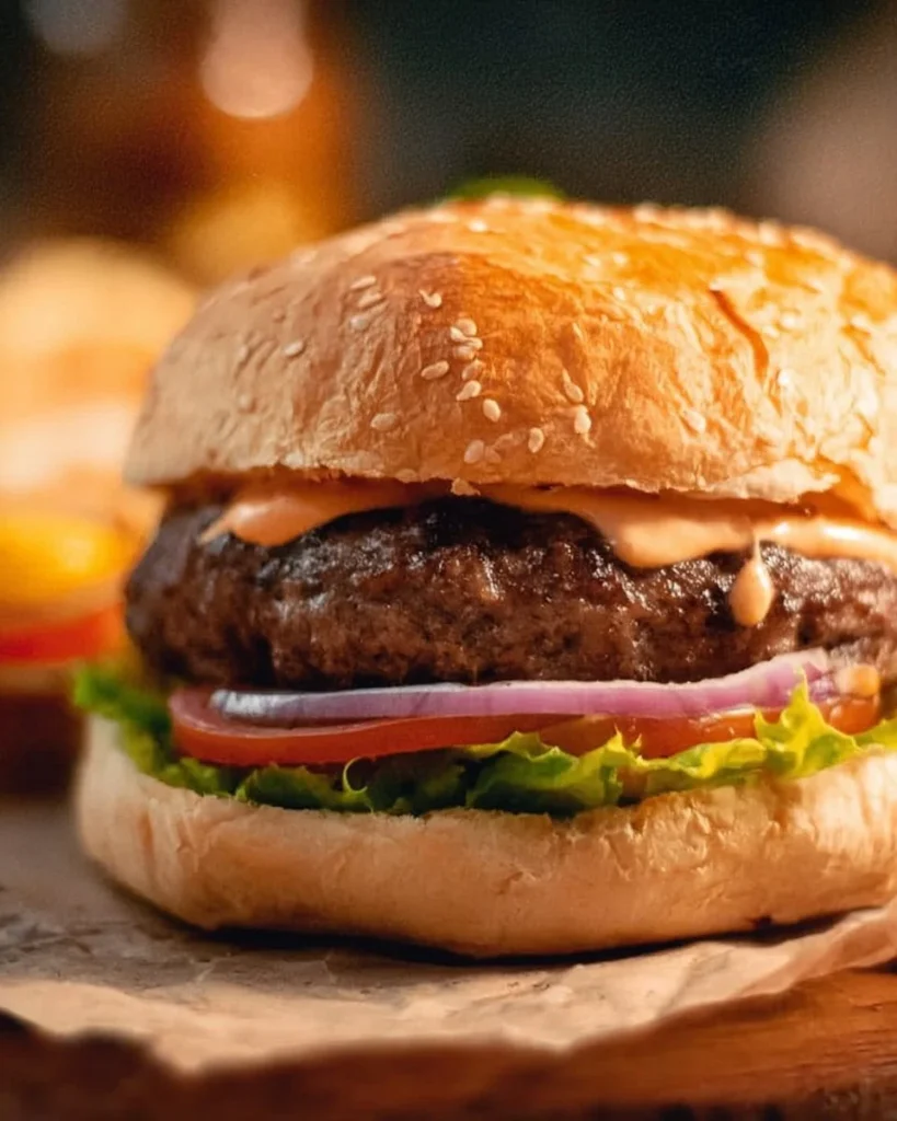 Juicy hamburger patty on a grill with fresh toppings