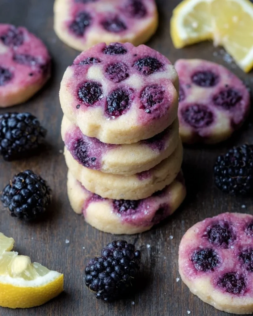 Black Raspberry and Lemon Shortbread Cookies on a plate, fresh and ready to enjoy.