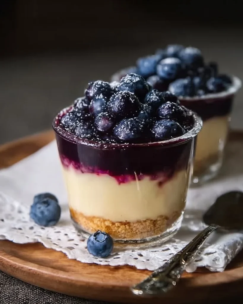 Blueberry custard dessert cups topped with fresh blueberries and whipped cream