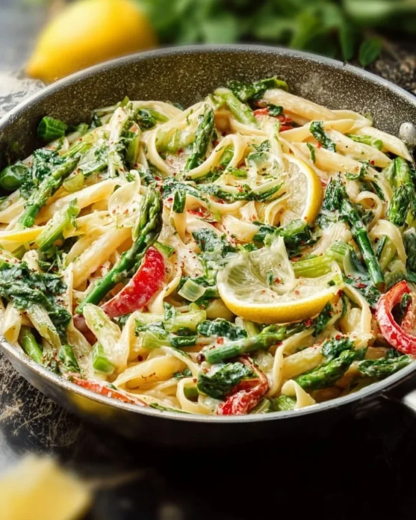 Plate of bright lemon herb pasta primavera with fresh vegetables and herbs