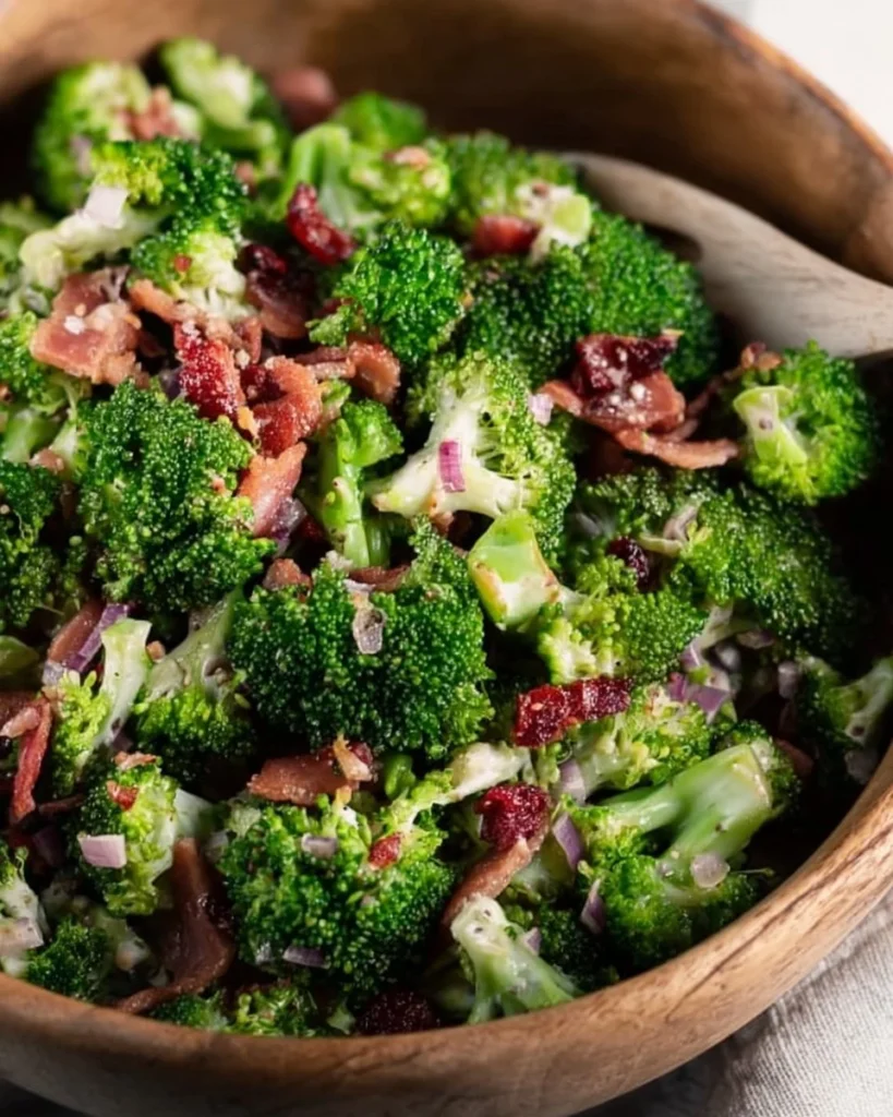Broccoli Salad with Bacon served in a bowl, garnished with red onion and raisins