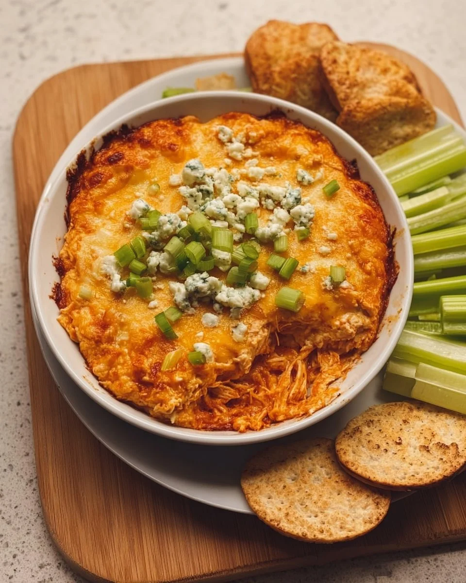 Delicious Buffalo Chicken Dip served in a bowl with tortilla chips